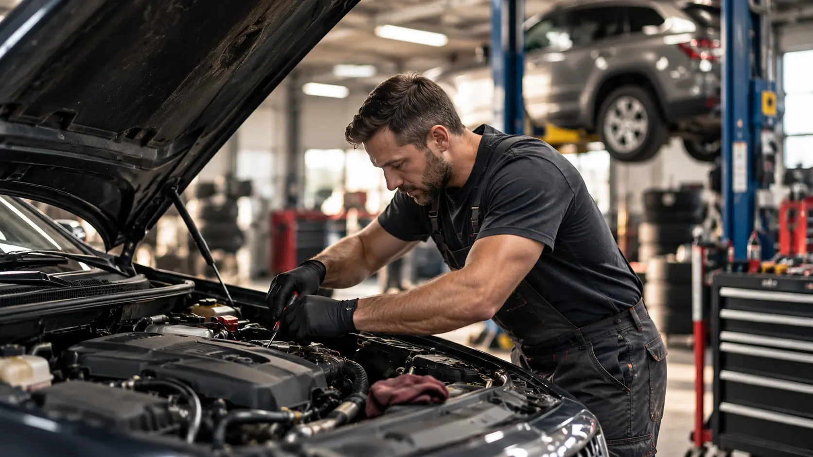 Concept direction for a brake service page with a technician at a lifted vehicle