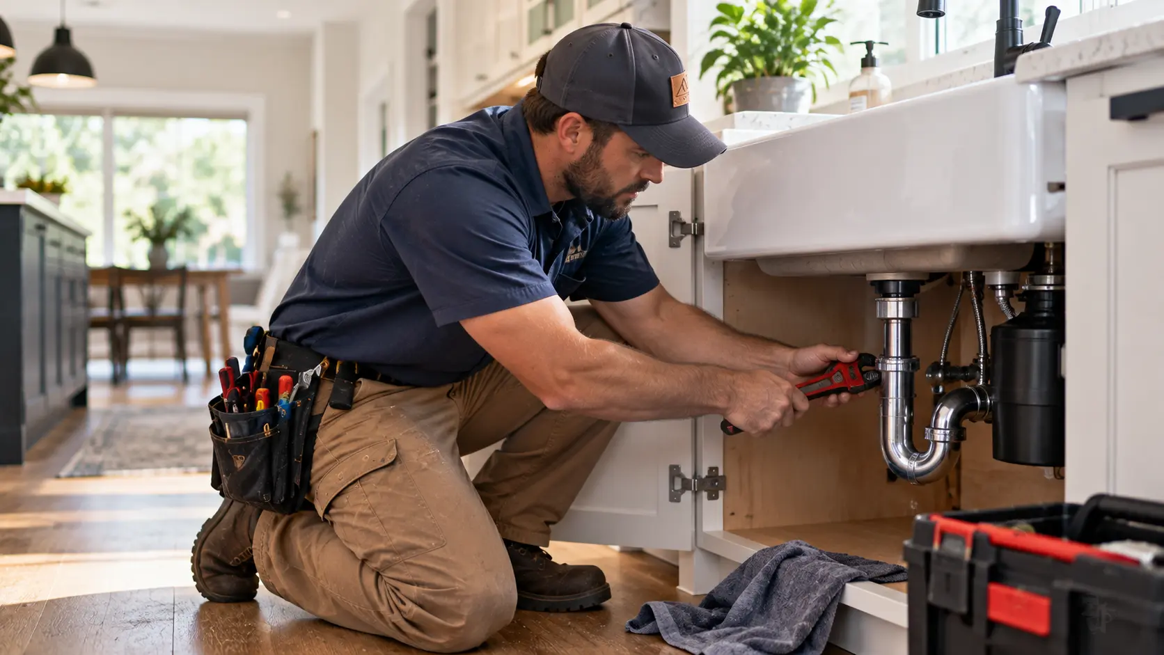 Concept direction for an emergency plumbing page with a plumber at work under a sink