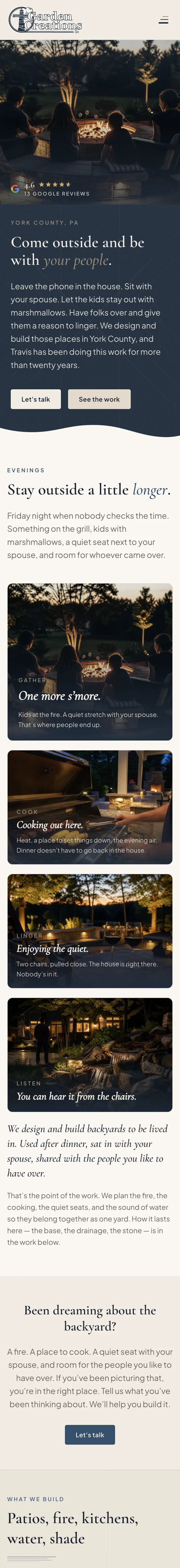 Garden Creations’ Express Website on a phone: family around a fire pit, Google rating, the headline “Come outside and be with your people,” and the evenings section.