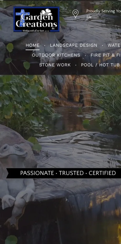 Garden Creations’ previous website: a dark photo of a pond with a stacked navigation menu over it.