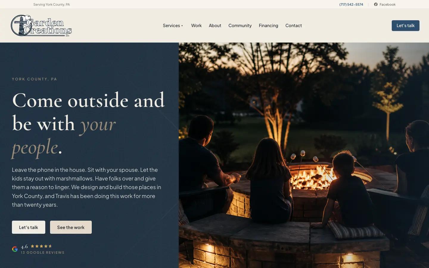 Garden Creations’ Express Website on a desktop browser: a family around a fire pit under the headline “Come outside and be with your people,” with a Google rating and a clear path to request a consultation.