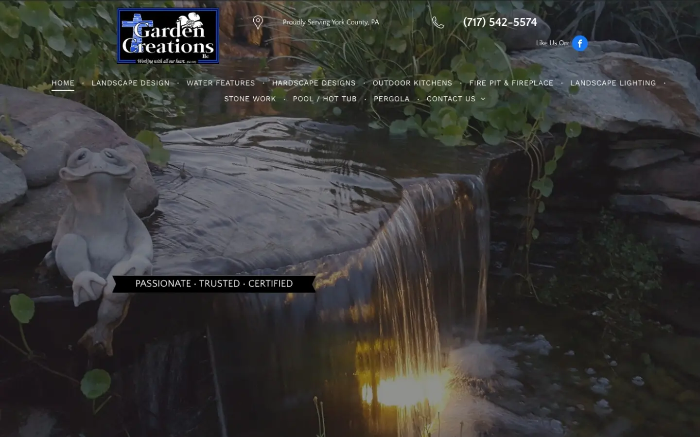 Garden Creations’ previous website: a dark pond photo behind a stacked navigation menu, with no services or towns visible.