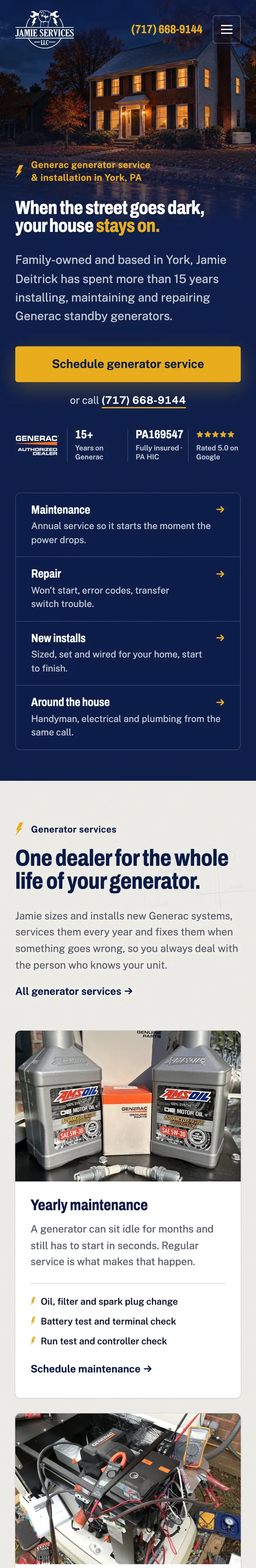 Jamie Services’ Express Website on a phone: the headline “When the street goes dark, your house stays on,” a schedule-service button, Generac dealer and license proof, and generator maintenance, repair, and install links.
