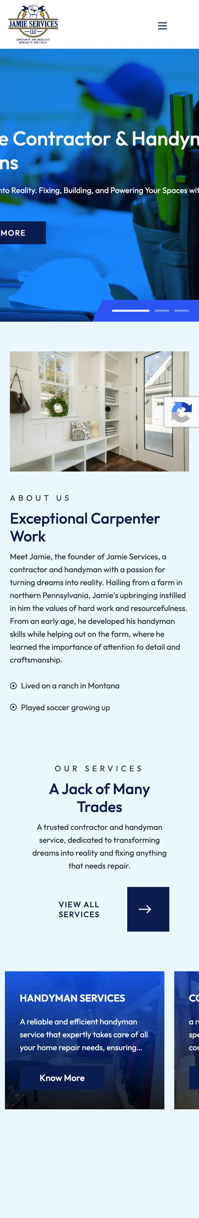 Jamie Services’ previous website on a phone: a blue template with a headline cut off at both edges, a stock mudroom photo, and an “Exceptional Carpenter Work” section.