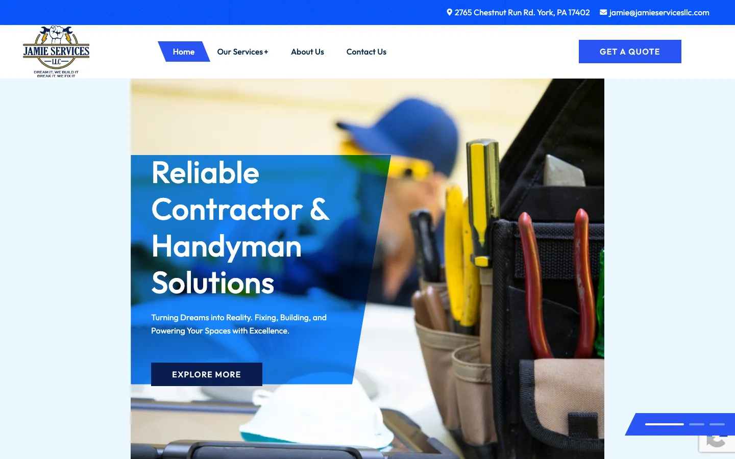 Jamie Services’ previous website: a blue WordPress template with a stock tool-belt photo behind the headline “Reliable Contractor & Handyman Solutions.”
