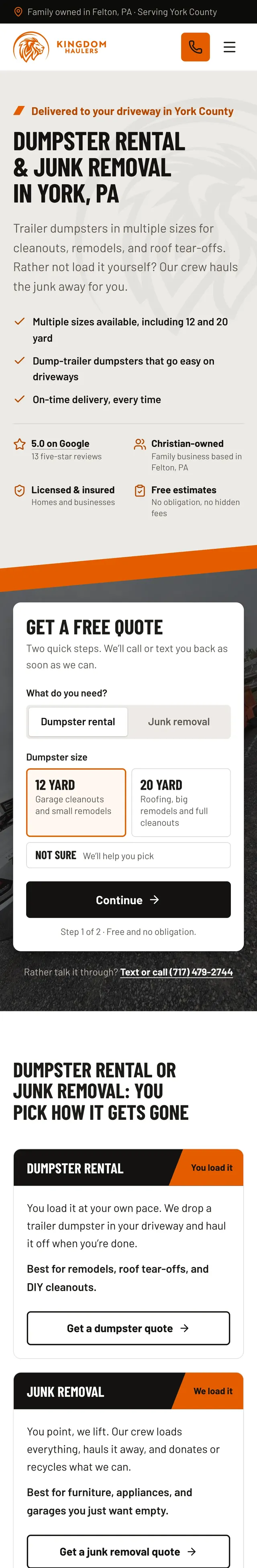 Kingdom Haulers’ Express Website on a phone: the headline “Dumpster rental & junk removal in York, PA,” Google rating, licensing and free-estimate notes, and a two-step quote form.