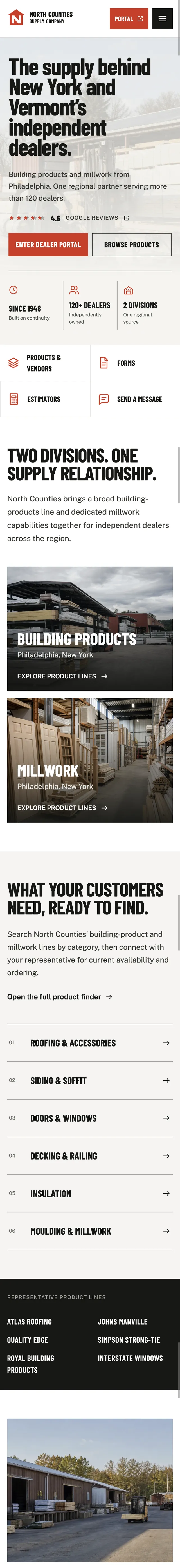 North Counties Supply’s Express Website on a phone: bold headline, dealer portal button, Google rating, key stats, and product categories.