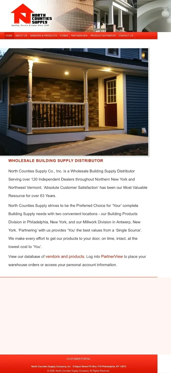 North Counties Supply’s previous website: a dated red template with a porch photo and long paragraphs of text.