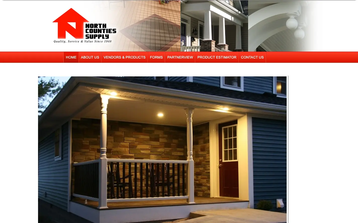 North Counties Supply’s previous website: a dated red navigation bar under a collaged banner, with a single porch photo and no services or towns.